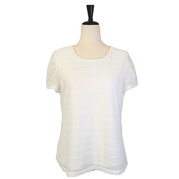 Dkny White Ribbed Scoop Neck Cap Sleeve Keyhole Closure Lined Blouse Size LP - Picture 1 of 8
